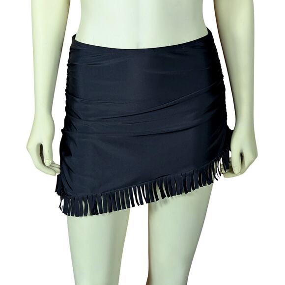 Cupshe Ruched Tummy Control Fringe Hem Swim Skirt Womens M Black Beachy Retro - Picture 1 of 9